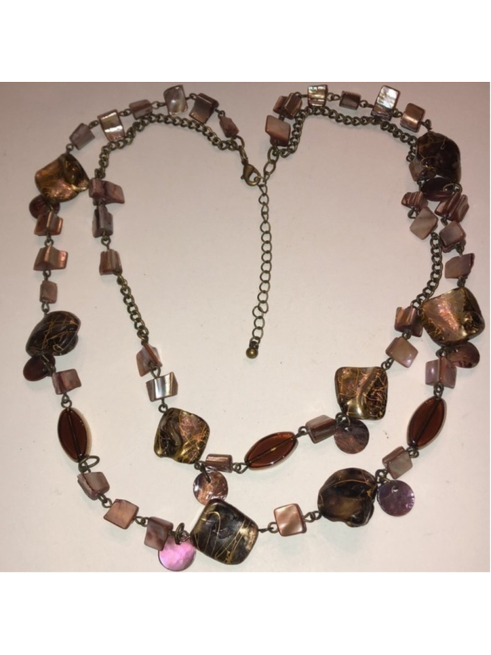 Vintage Boho Bronze Brown Shell Beaded Double Strand Necklace